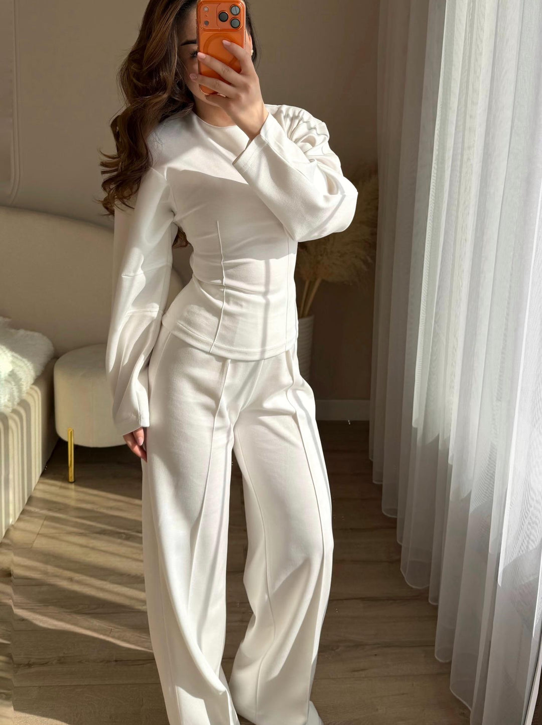 Women's Pleated Long-Sleeve Top & Wide-Leg Pants Set