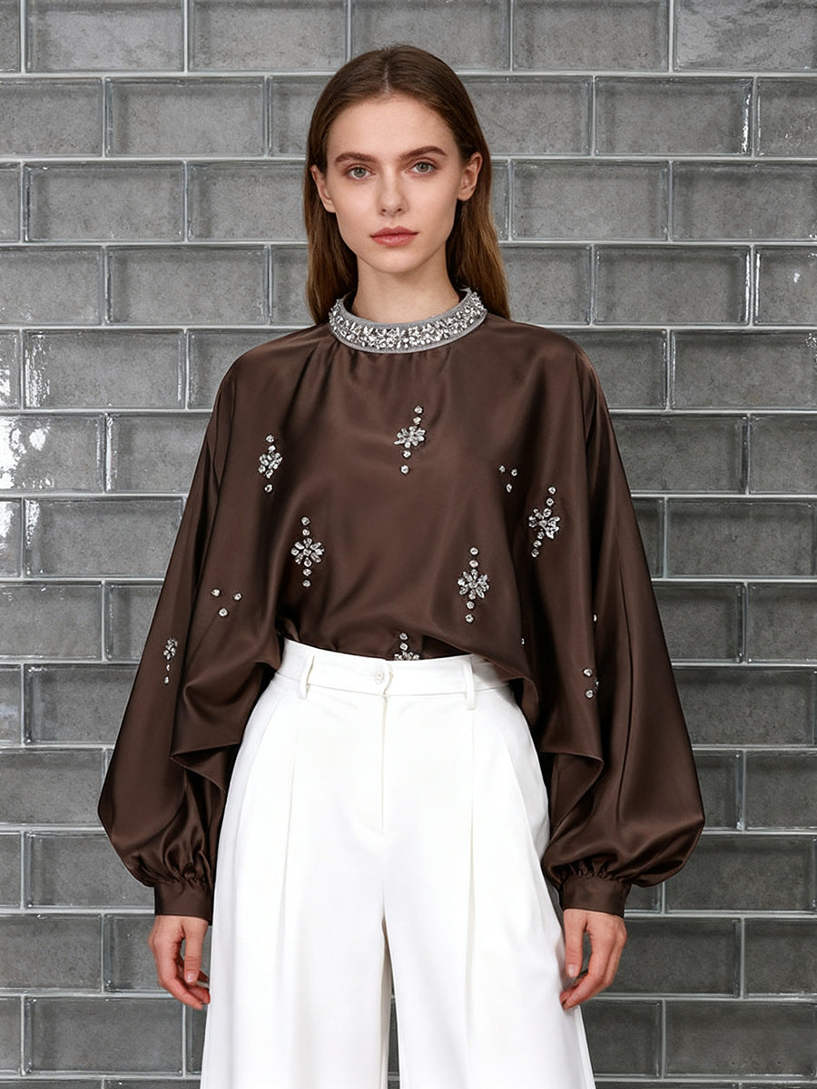 Women's Round Neck Rhinestone Loose Solid Color Pullover Shirt