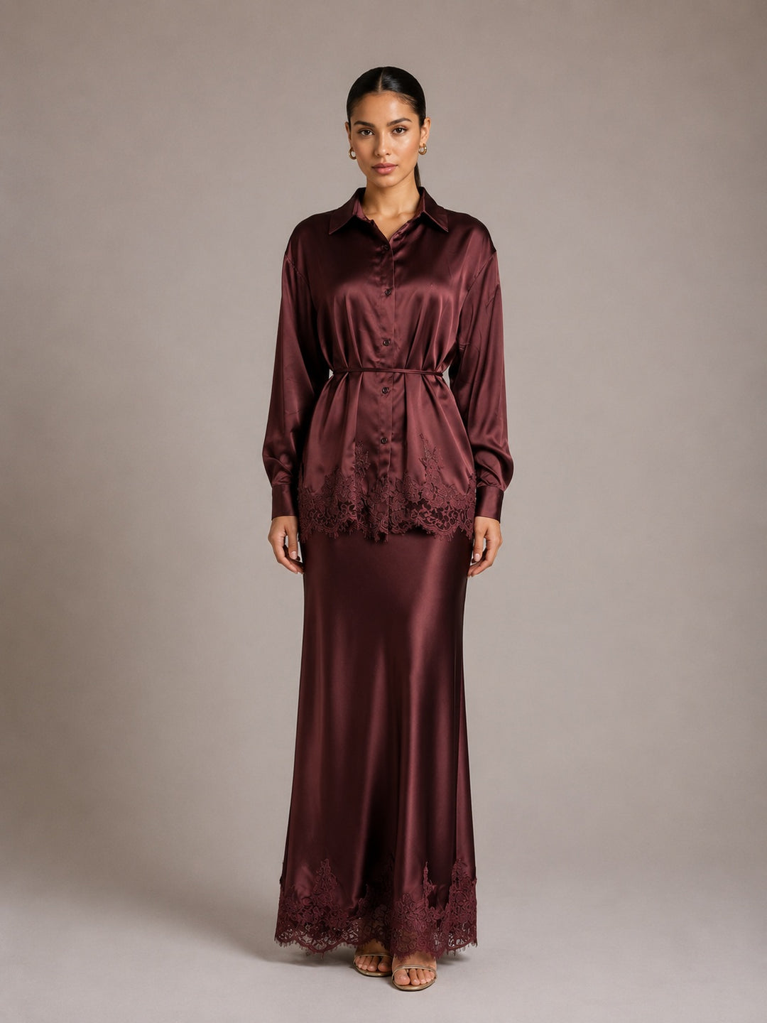 Women's Satin Lace-Hem Shirt & Maxi Skirt Co-ord Set