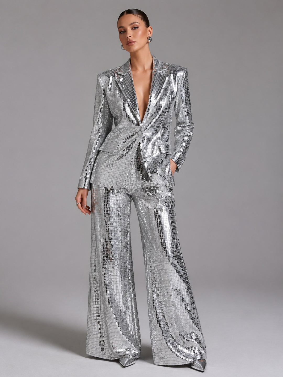 Women's Silver Sequin Blazer & Flared Trousers Party Suit