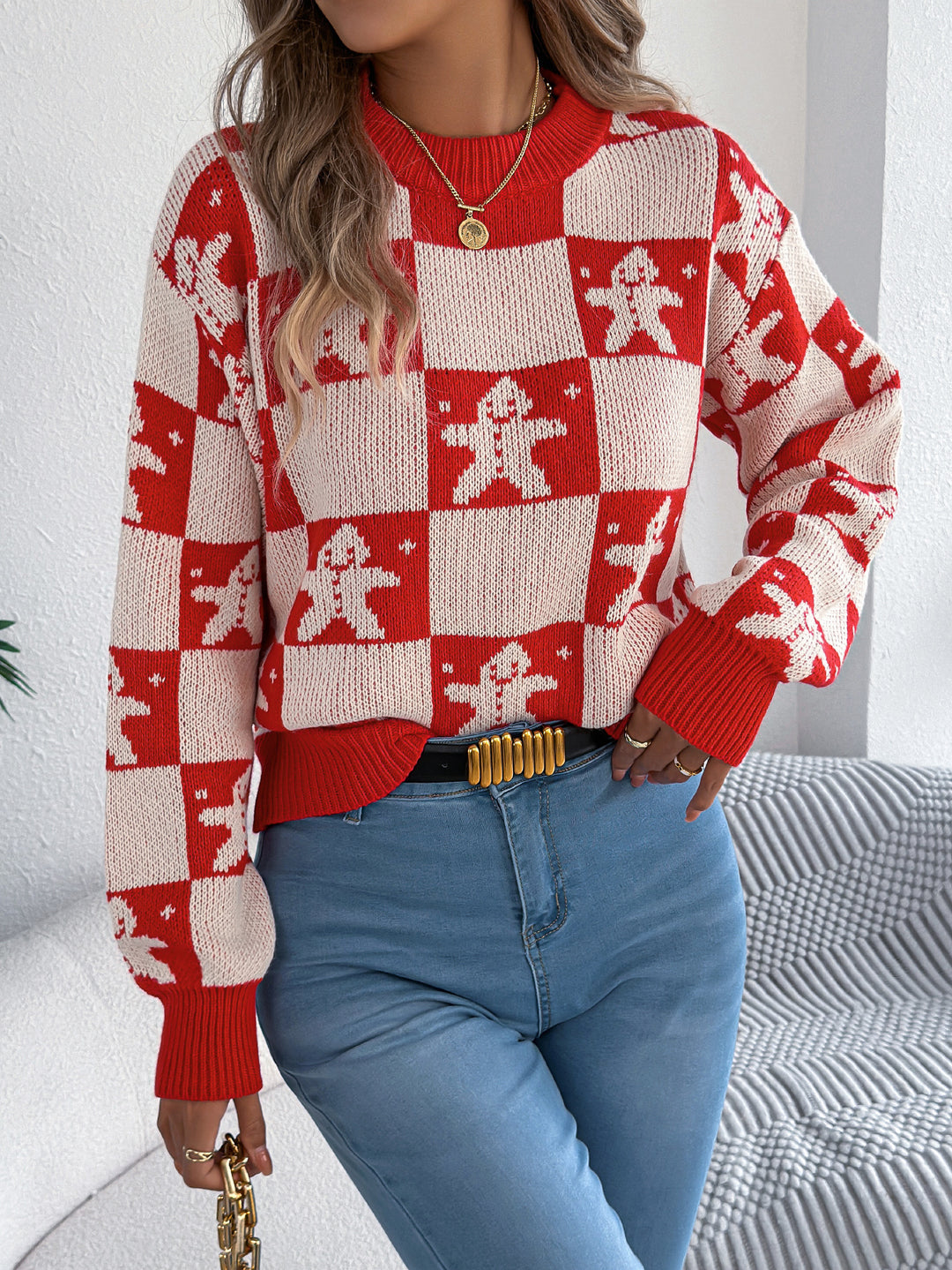 Women's Snowflake Plaid Lantern-Sleeve Pullover Sweater