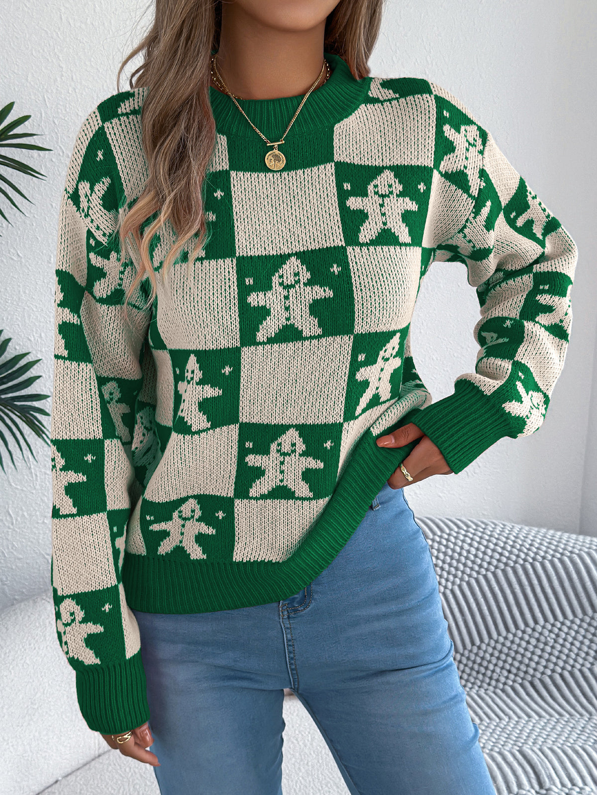Women's Snowflake Plaid Lantern-Sleeve Pullover Sweater - product image 8