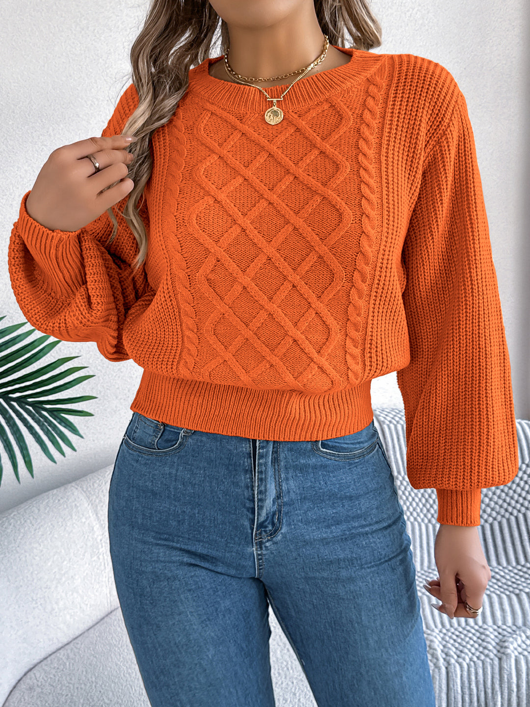 Women's Solid-Color Cable Knit Lantern-Sleeve Cinched Pullover Sweater
