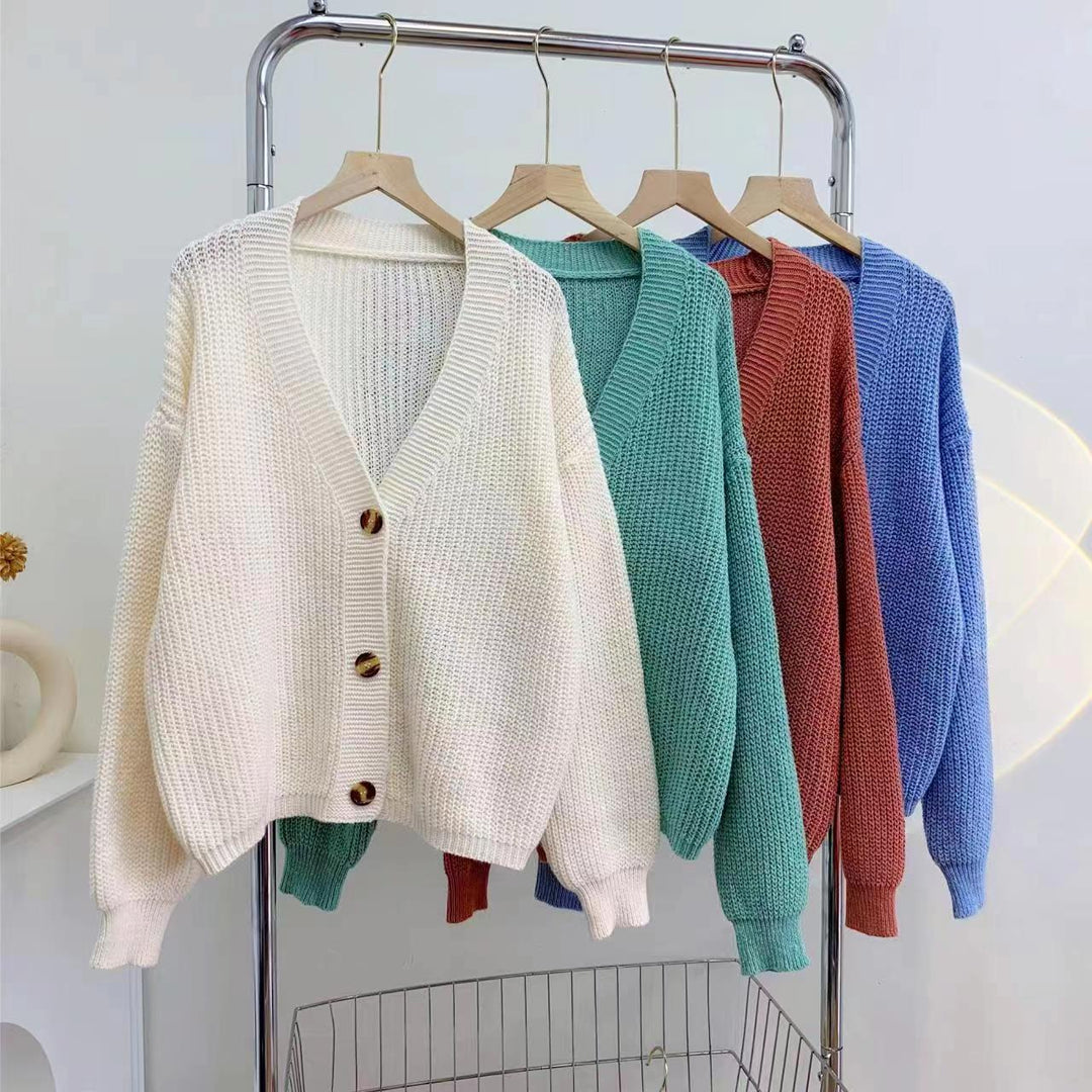 Women's Solid-Color V-Neck Button Cardigan