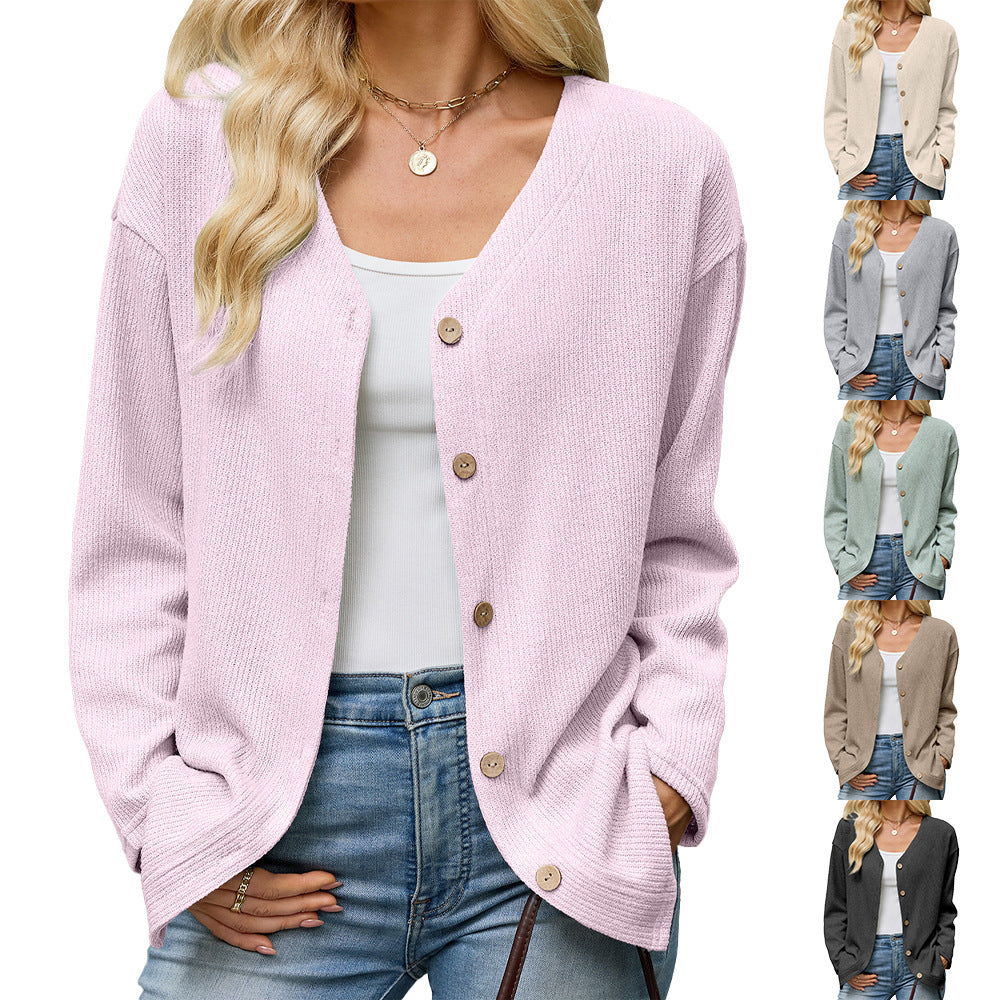Women's Solid-Color V-Neck Loose-Fit Long-Sleeve Cardigan with Buttons