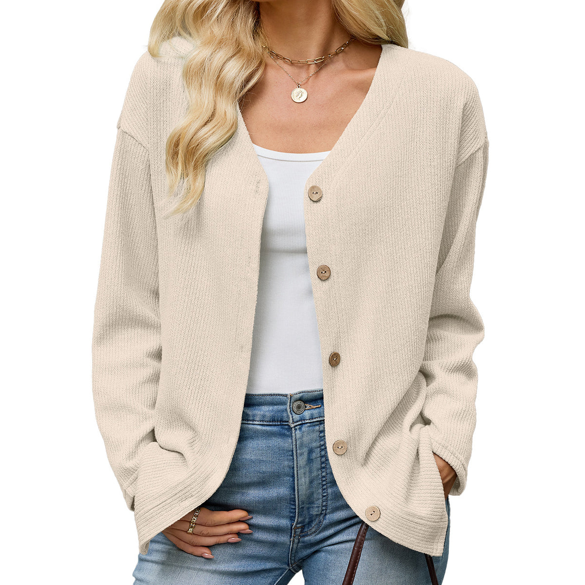 Women's Solid-Color V-Neck Loose-Fit Long-Sleeve Cardigan with Buttons - product image 4