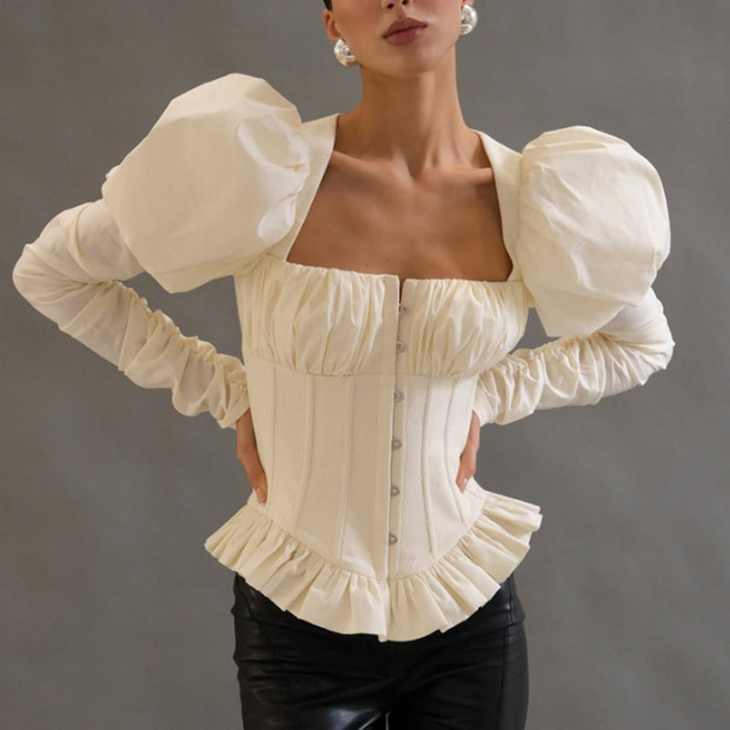 Women's Square Neck Puff Sleeve Corset Peplum Top