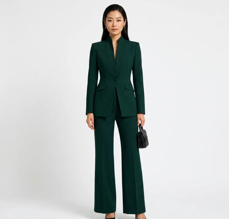 Women's Stand-Collar Blazer & Flared Trousers Suit Set
