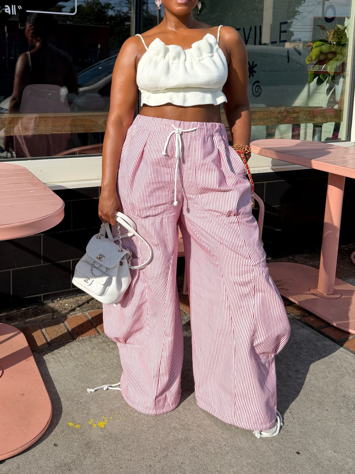 Women's Striped Drawstring Ruched Wide-Leg Cargo Pants