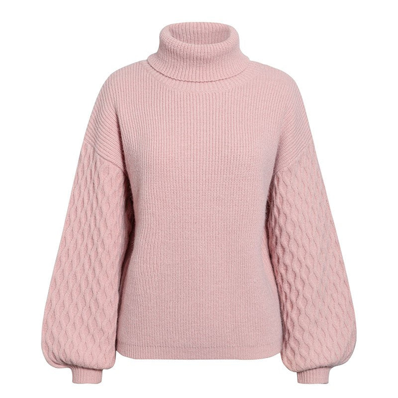 Women's Sweet Solid-Color Turtleneck Lantern-Sleeve Sweater