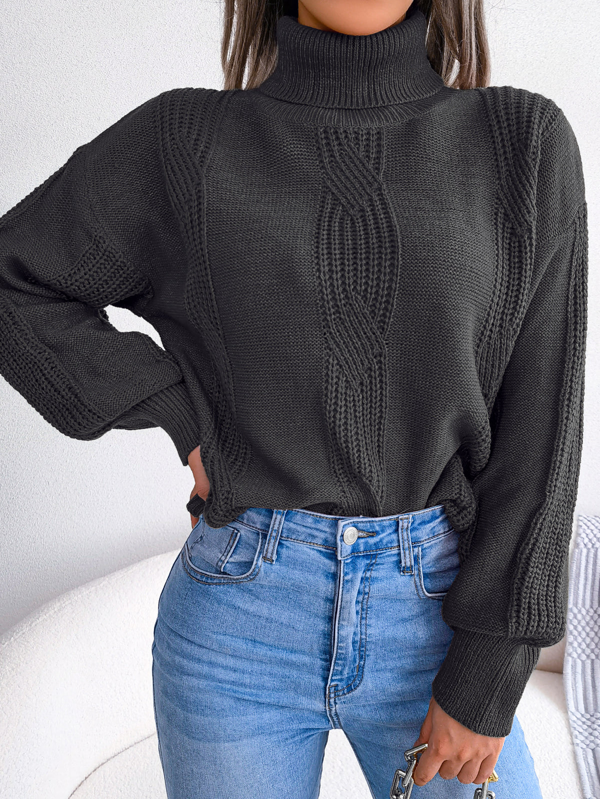 Women's Turtleneck Cable Knit Lantern-Sleeve Sweater Top - product image 5
