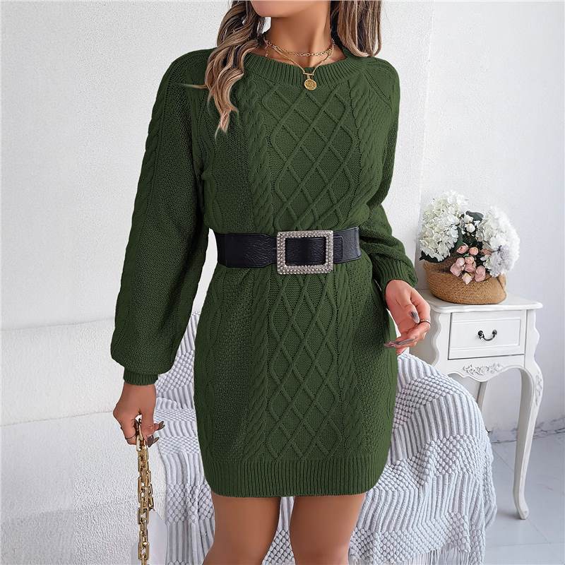 Women's Twist Fitted Waist Lantern Long-Sleeve Sweater Dress