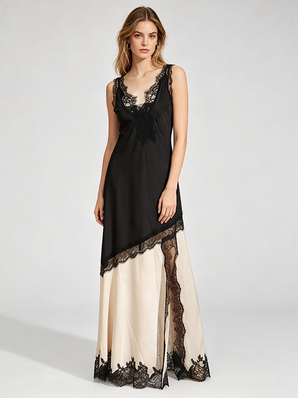 Women's Two-Tone Satin Lace Slip Maxi Dress