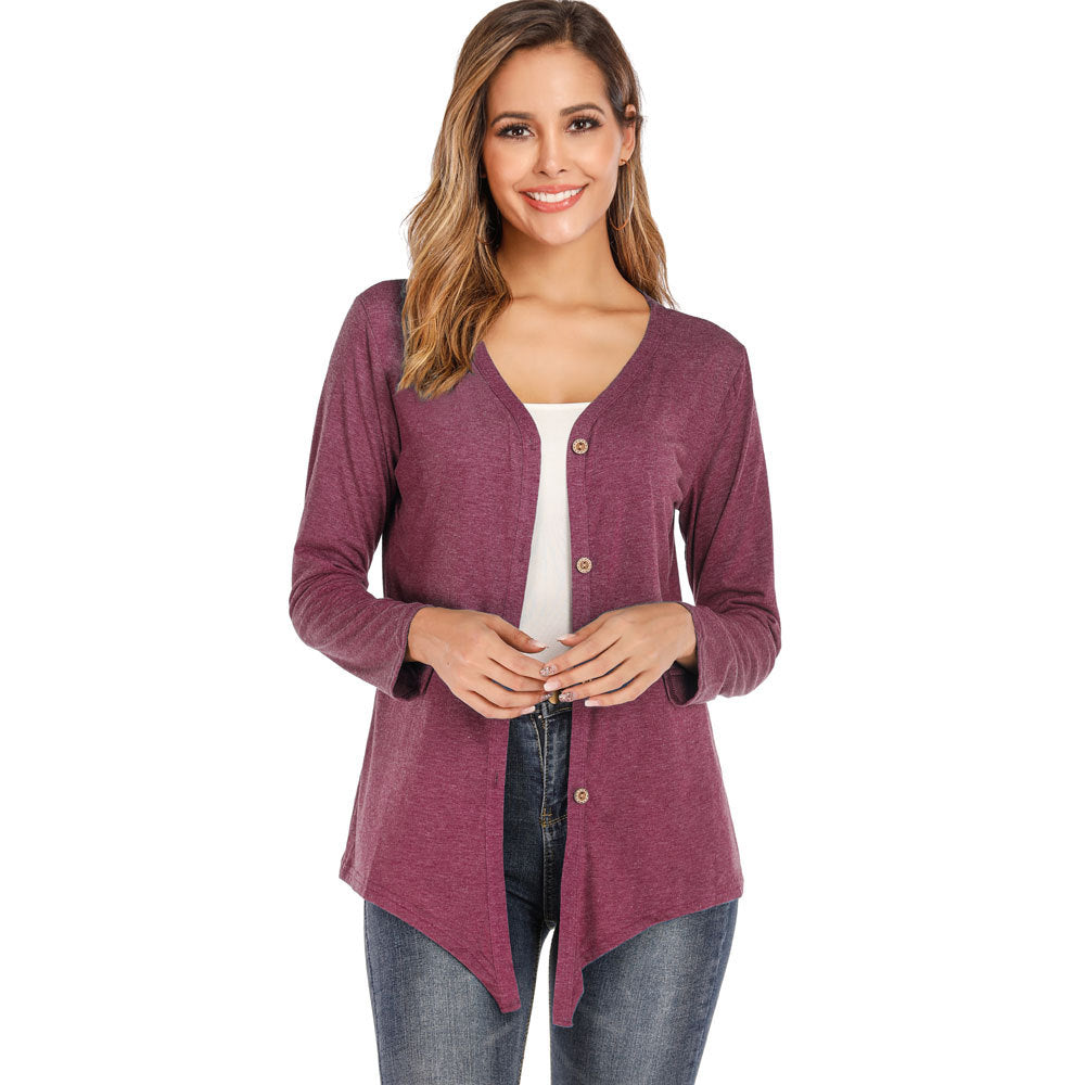 Women's V-Neck Button Long-Sleeve Cardigan T-Shirt Layering Shirt