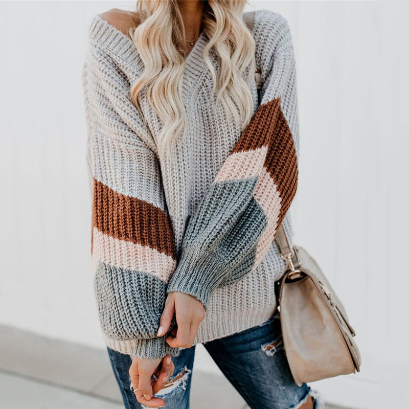 Women's V-Neck Lantern-Sleeve Stripe Colorblock Sweater