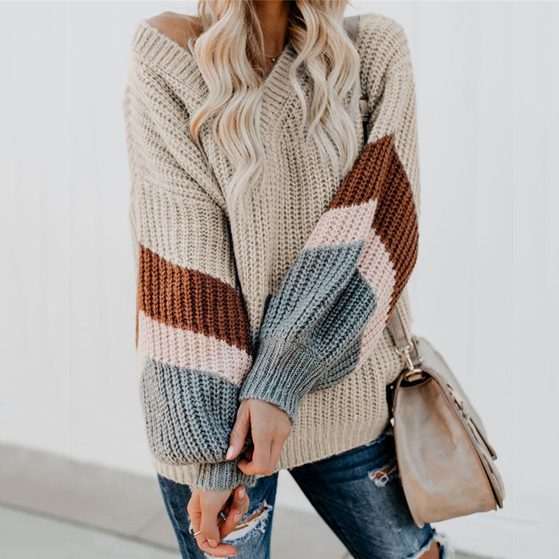 Women's V-Neck Lantern-Sleeve Stripe Colorblock Sweater - product image 3
