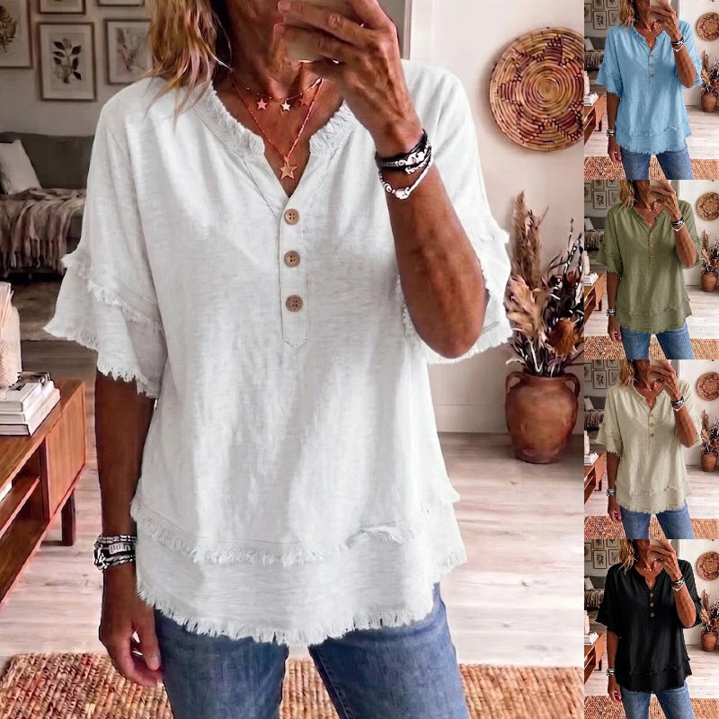 Women's V-Neck Pullover Short-Sleeve Relaxed-Fit Button-Down Casual Top