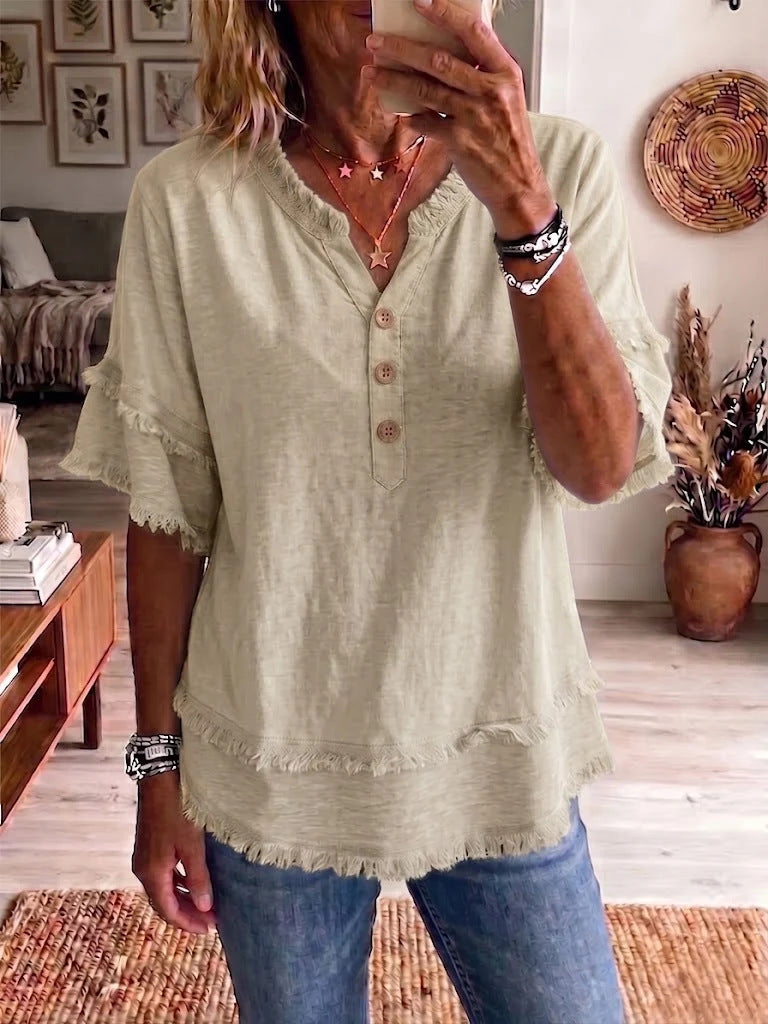 Women's V-Neck Pullover Short-Sleeve Relaxed-Fit Button-Down Casual Top - product image 5