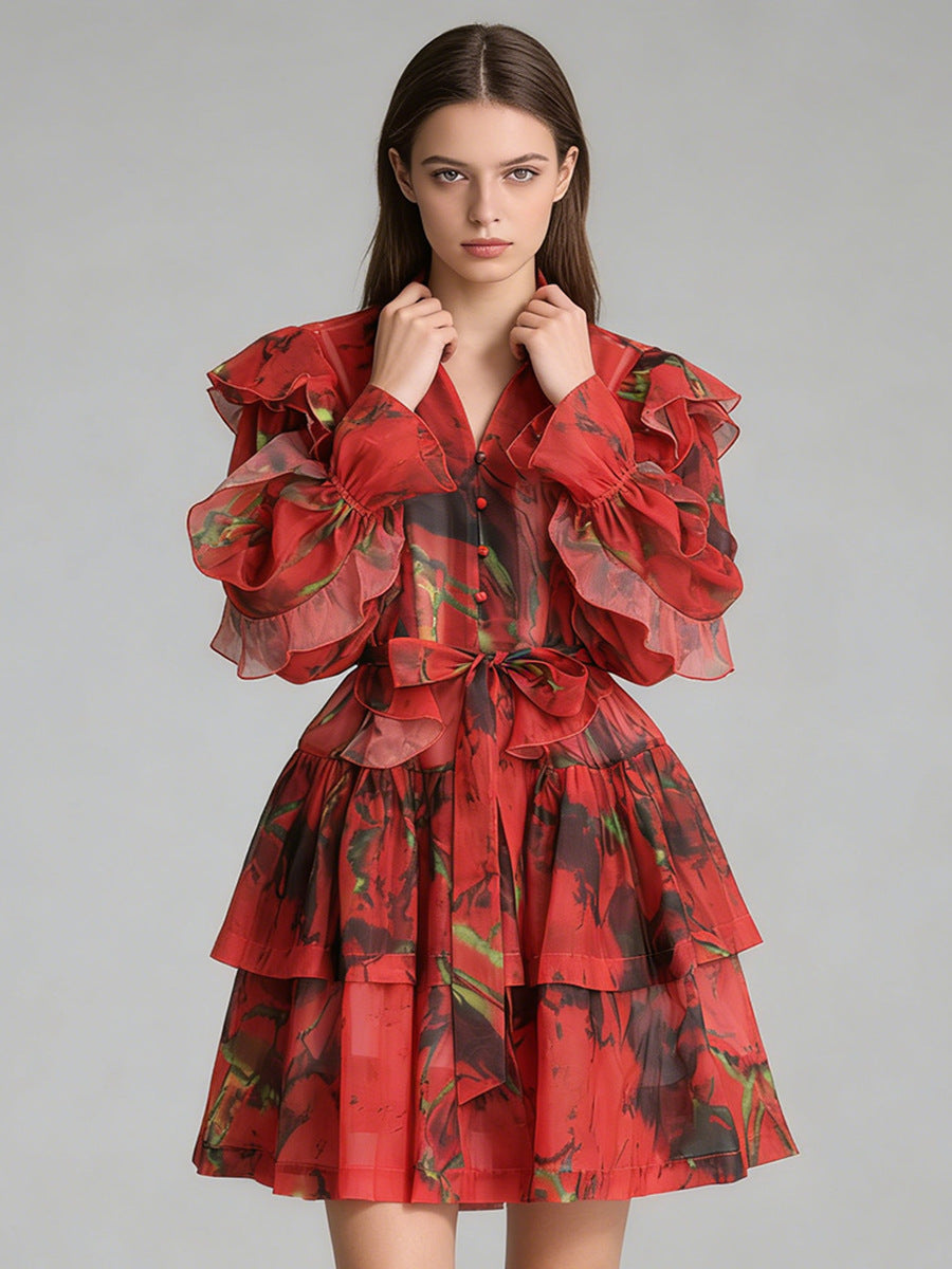 Women's V-Neck Ruffled Tie-waist Dress