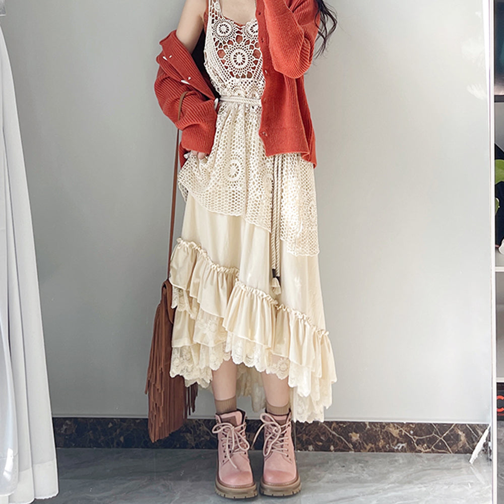 Women's Velvet Lace Tiered A-Line Midi Skirt