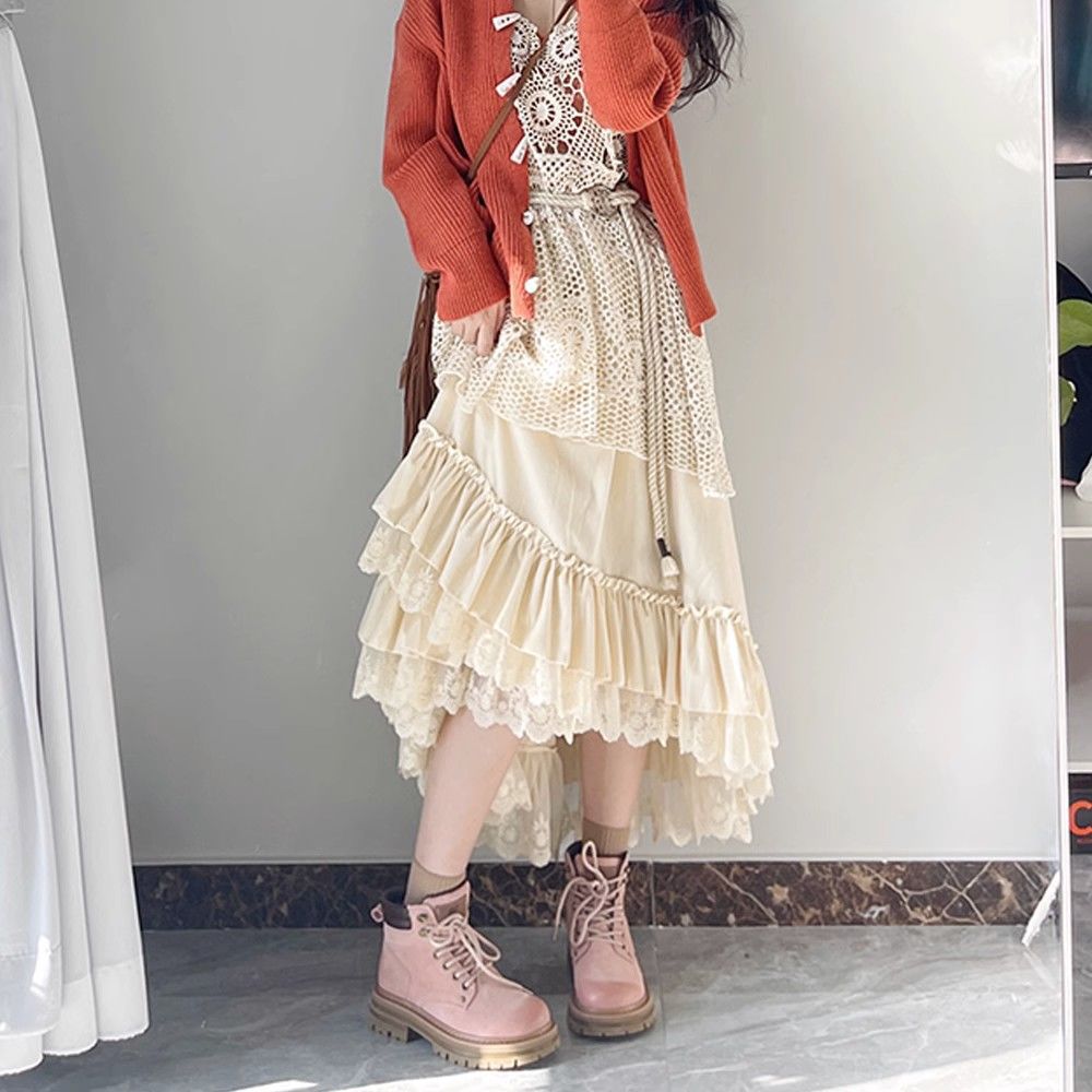 Women's Velvet Lace Tiered A-Line Midi Skirt - product image 5