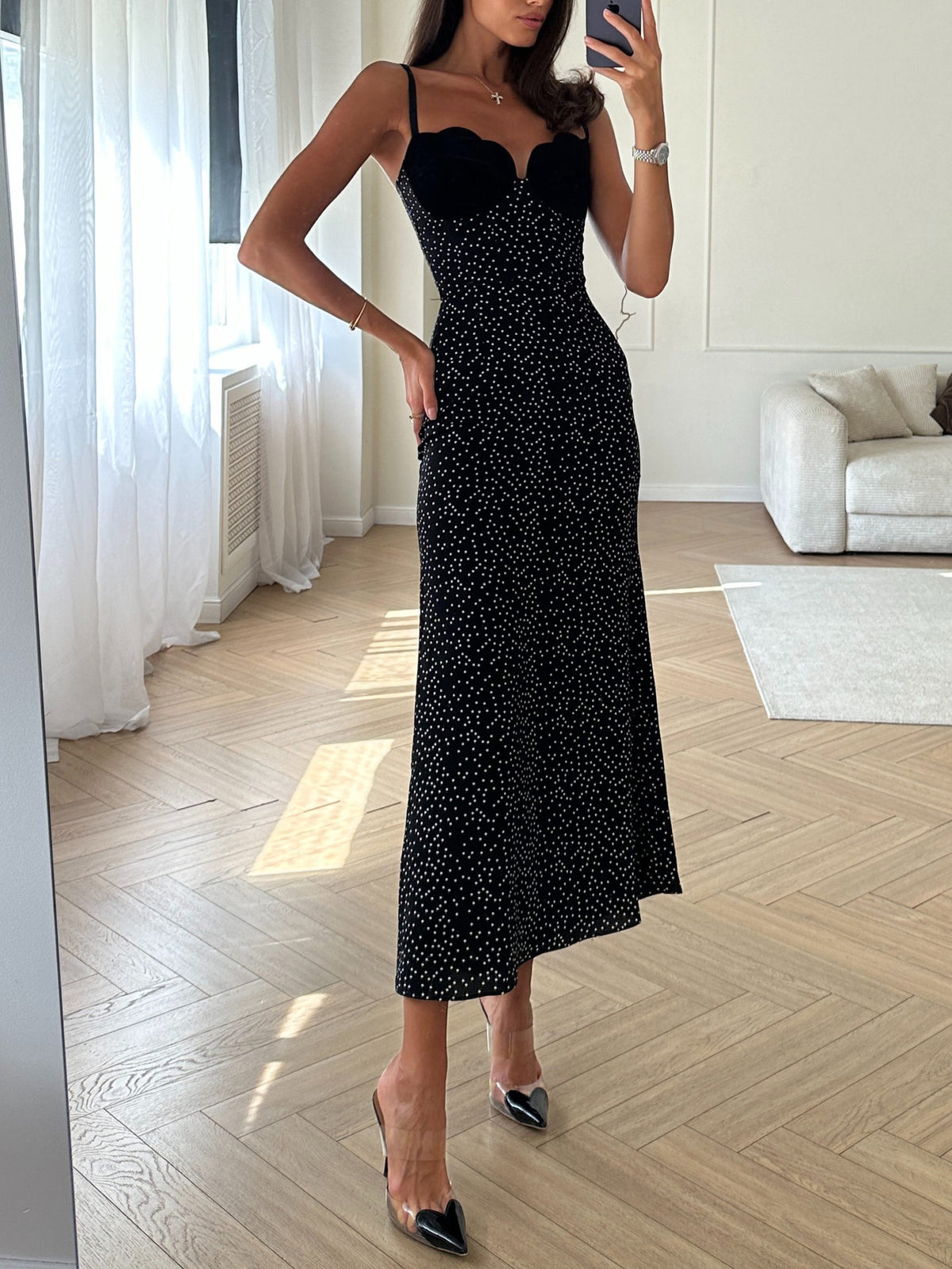 Women's Velvet Polka-Dot Suspender Maxi Dress