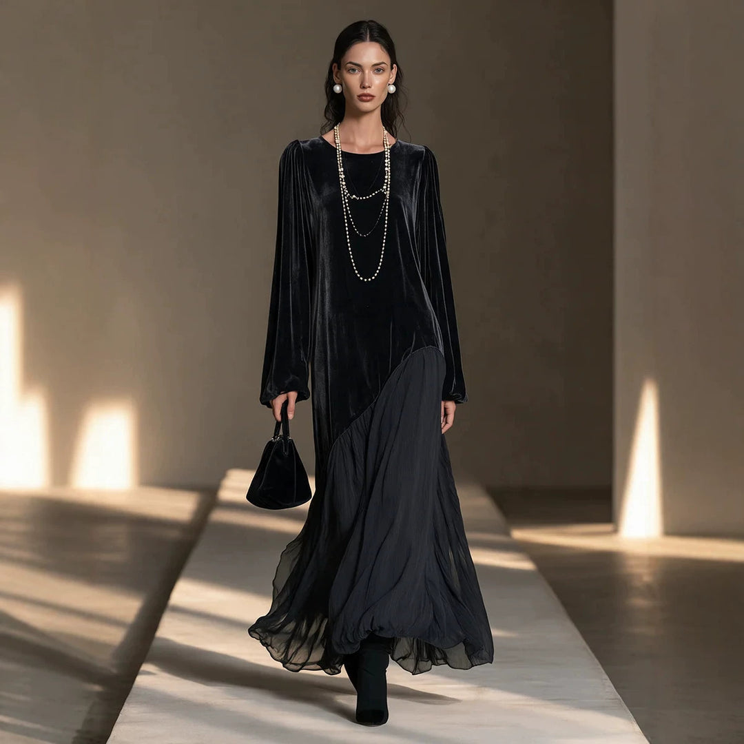 Women's Velvet Puff-Sleeve Asymmetrical Tiered Maxi Dress