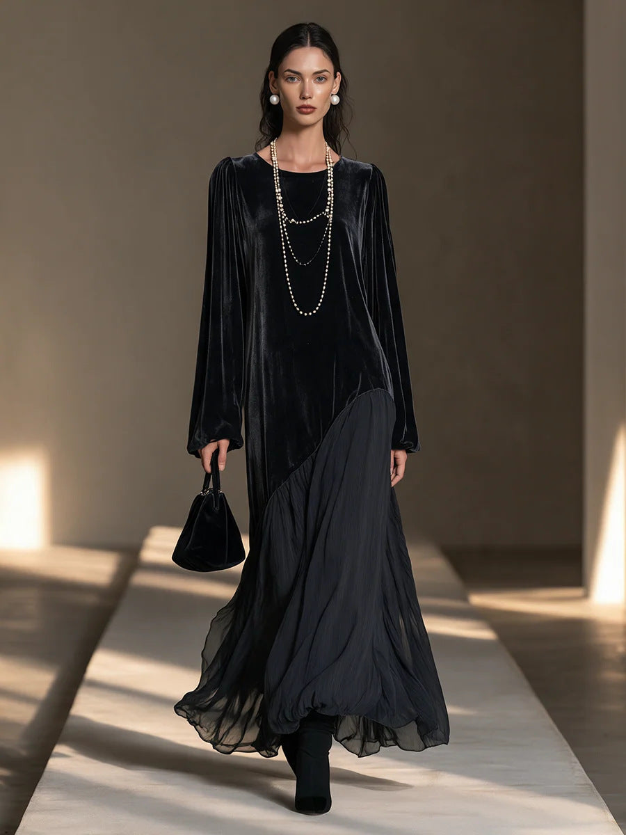 Women's Velvet Puff-Sleeve Asymmetrical Tiered Maxi Dress - product image 7