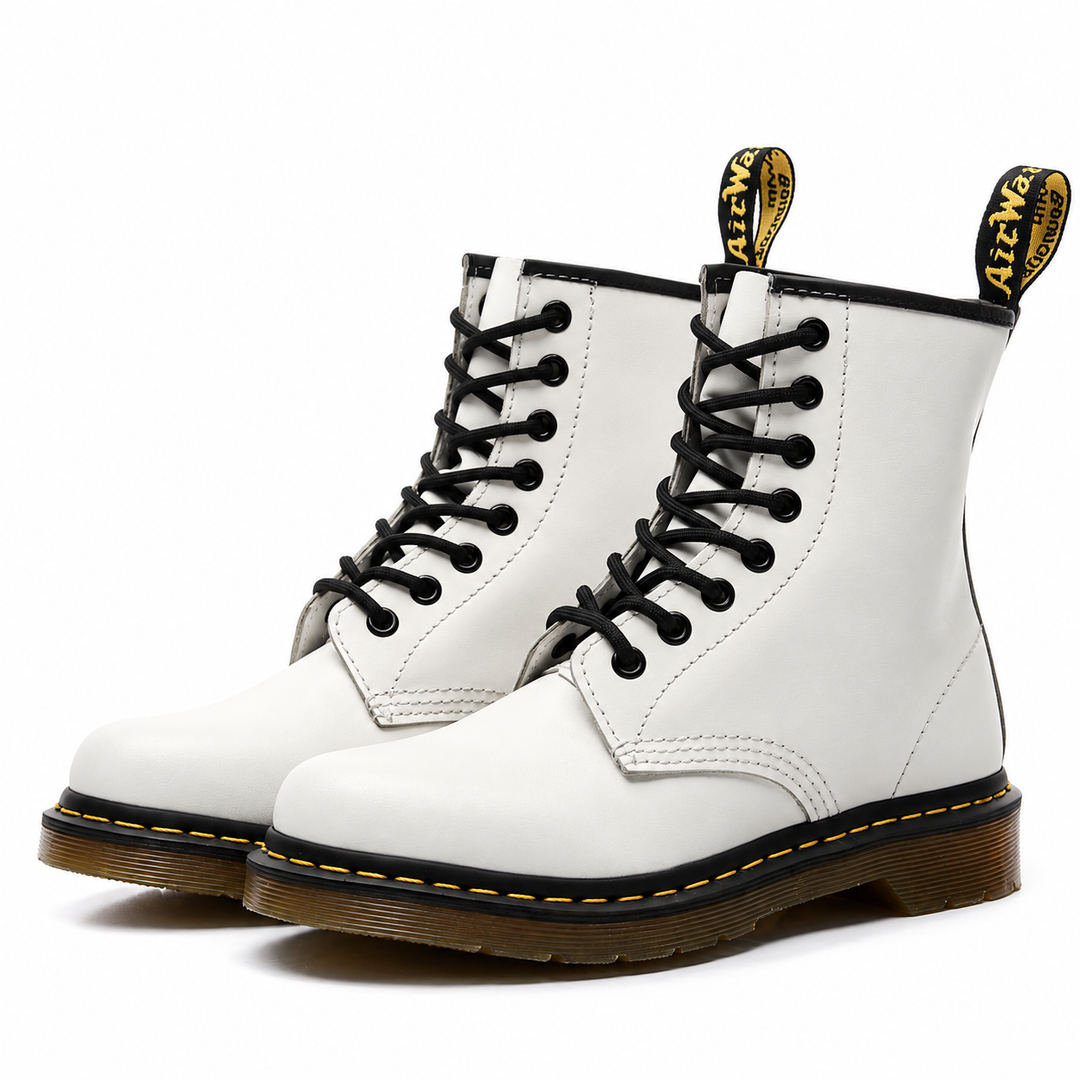 White lace-up Martin ankle boots with brown sole