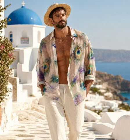 Women's White Peacock-Feather Print Sheer Oversized Shirt