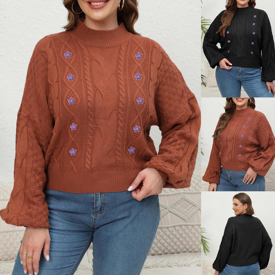 Women's Woven Sweater Plus Size Half-Turtleneck Lantern-Sleeve Flower Sweater