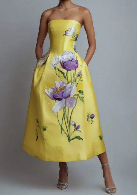 Women's Yellow Floral Strapless Midi Dress