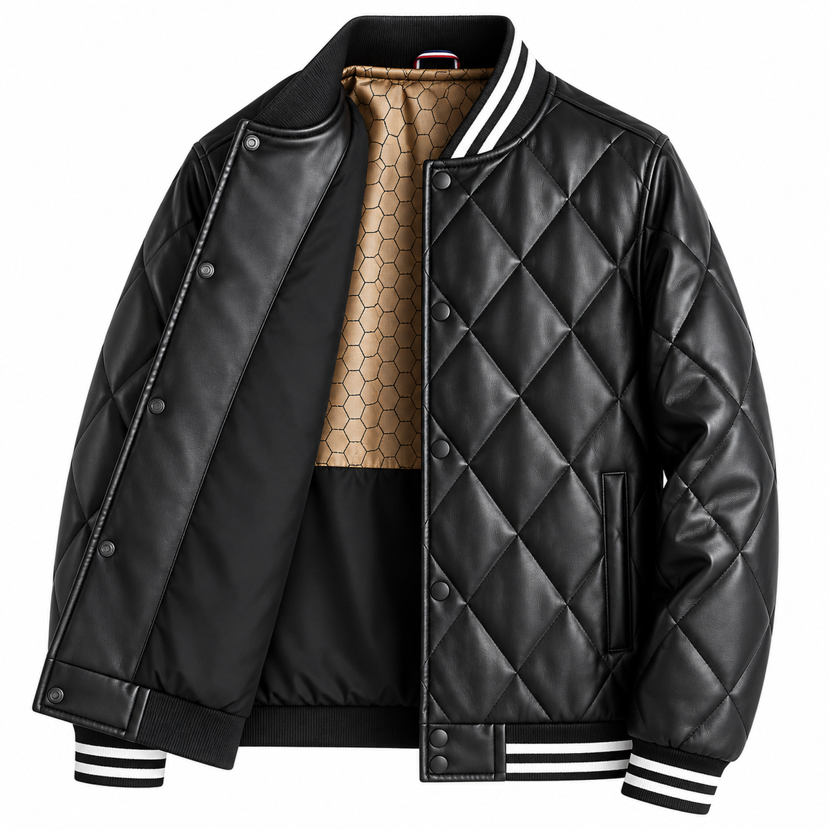 WOMONA men's quilted leather baseball jacket in black