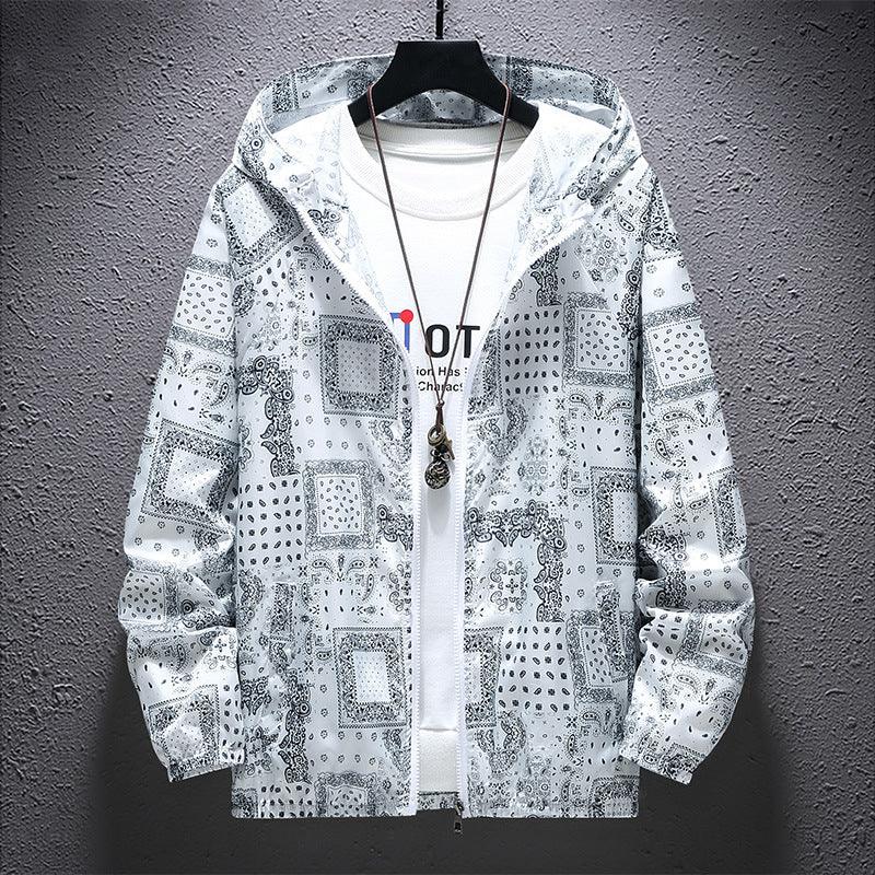 Men's hooded zip jacket, white with black geometric print, front pocket