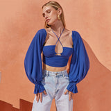 Sleeve Halter  Lace-up Top - WOMONA.COM