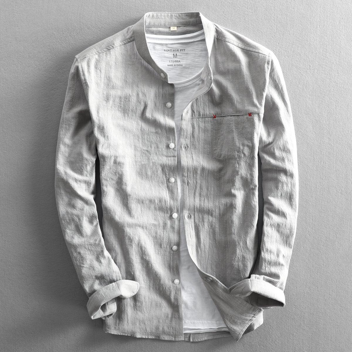 Light gray linen Chinese-style button shirt for men with stand collar and chest embroidery