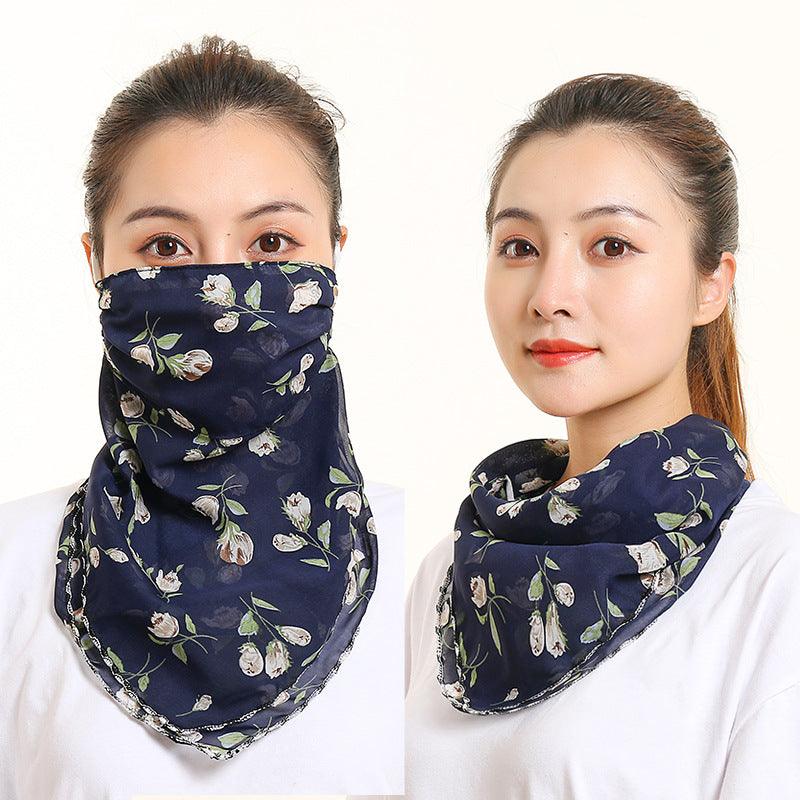 Women’s silk scarf, navy floral print with black trim edge
