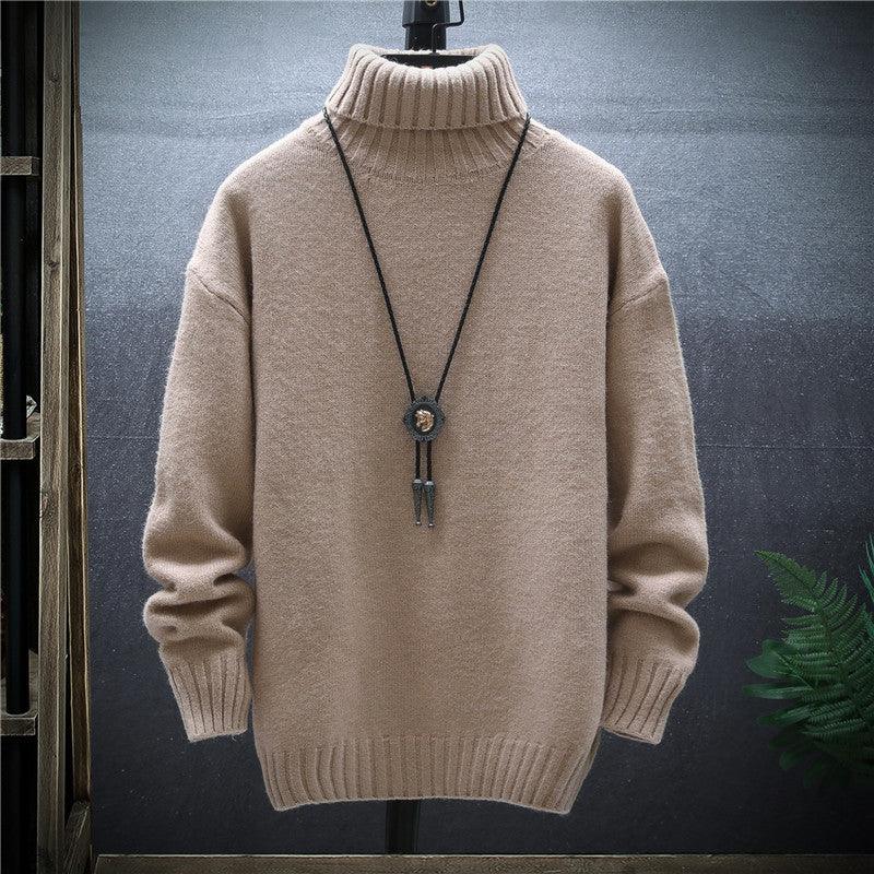 Beige thick knit turtleneck sweater with ribbed cuffs and hem, long sleeves
