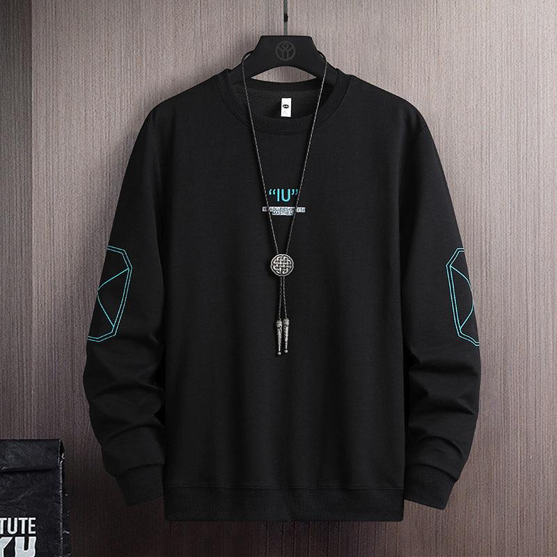 Black crewneck cotton sweater with necklace graphic and teal geometric sleeve panels