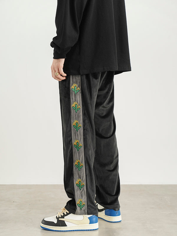 Vintage Cactus Embroidery Straight-leg Sweatpants - WOMONA.COM