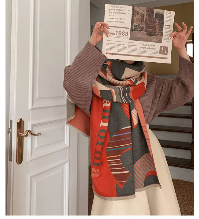 Multicolor letter jacquard warm scarf with red and gray geometric blocks and fringe
