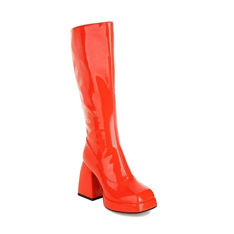 Women’s high boots, glossy red, mid-calf shaft, chunky block heel