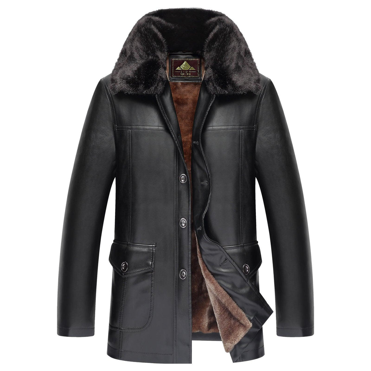 Men's black leather coat jacket with faux fur collar and button front