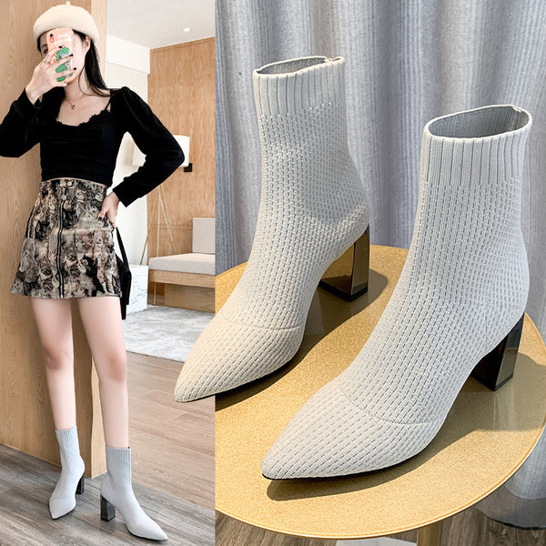 Chunky High Heels Socks Boots - WOMONA.COM