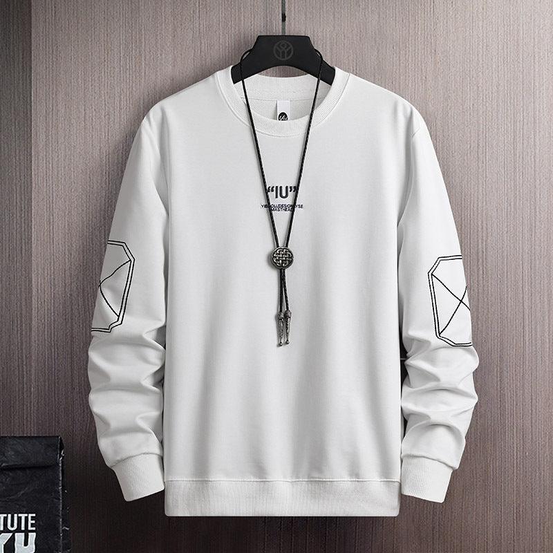 White crewneck cotton sweater with necklace graphic and outline geometric sleeve panels