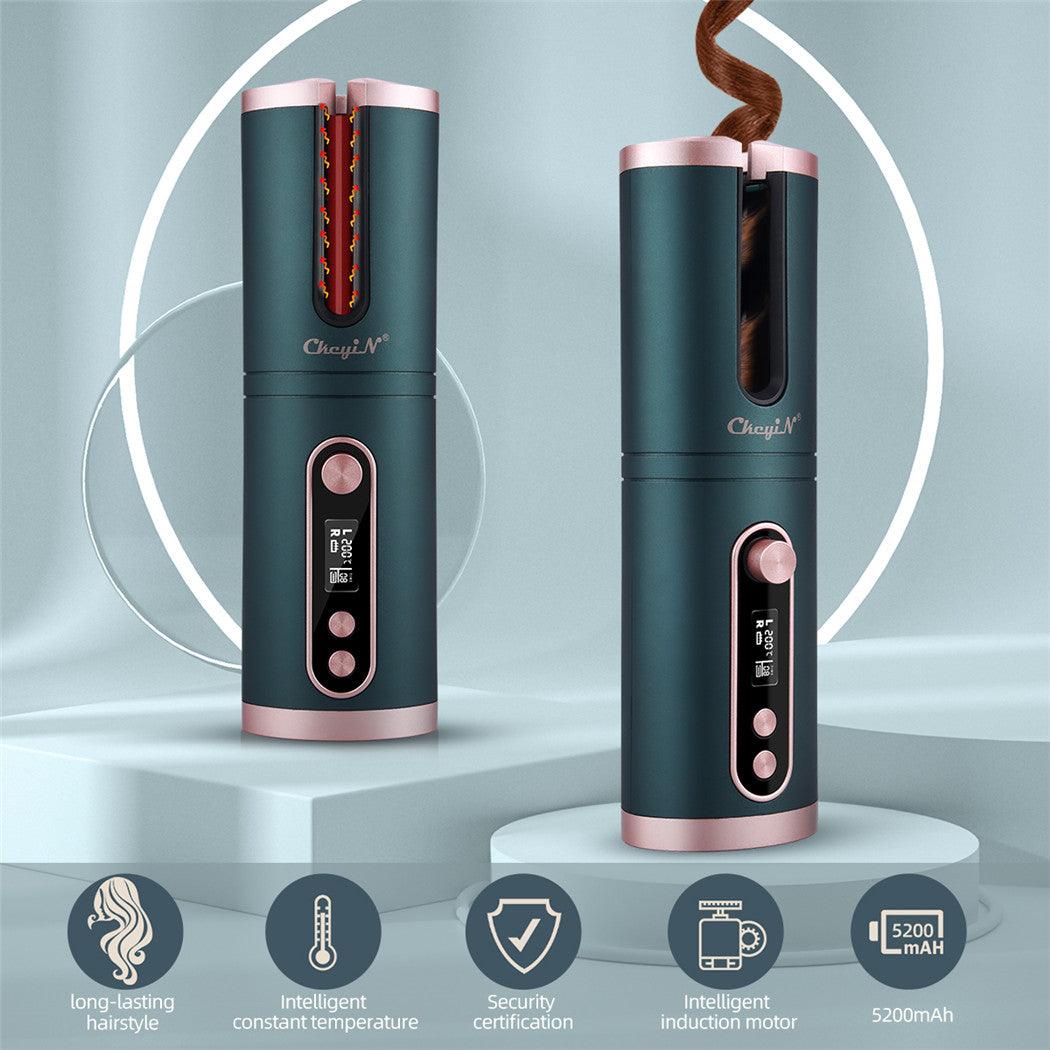 Automatic rotary hair curler in dark green with rose-gold trim and LCD control panel