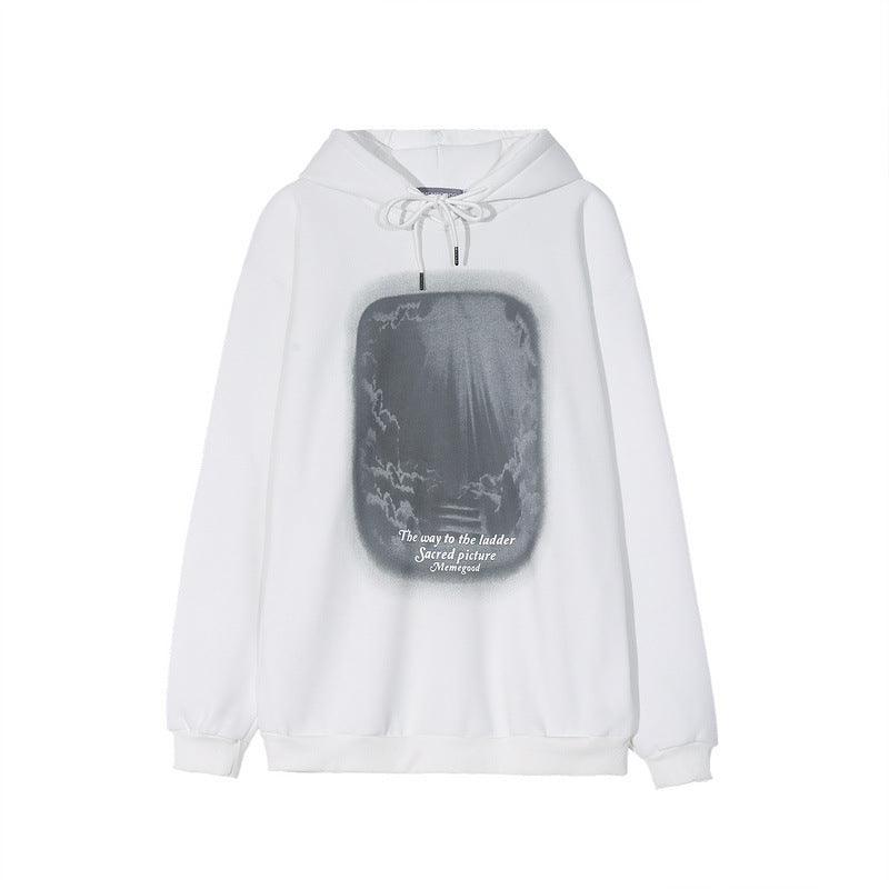 White loose pullover hoodie coat with front graphic print.