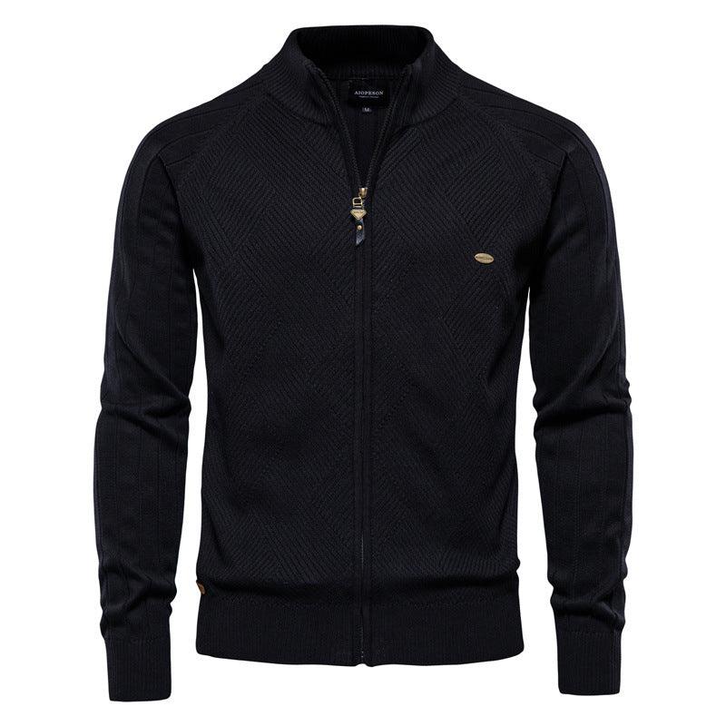 Black zip-up knit sweater with stand collar and diamond pattern