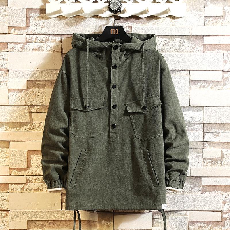 Army green hooded cargo jacket with front buttons, chest pockets, and drawstring hem