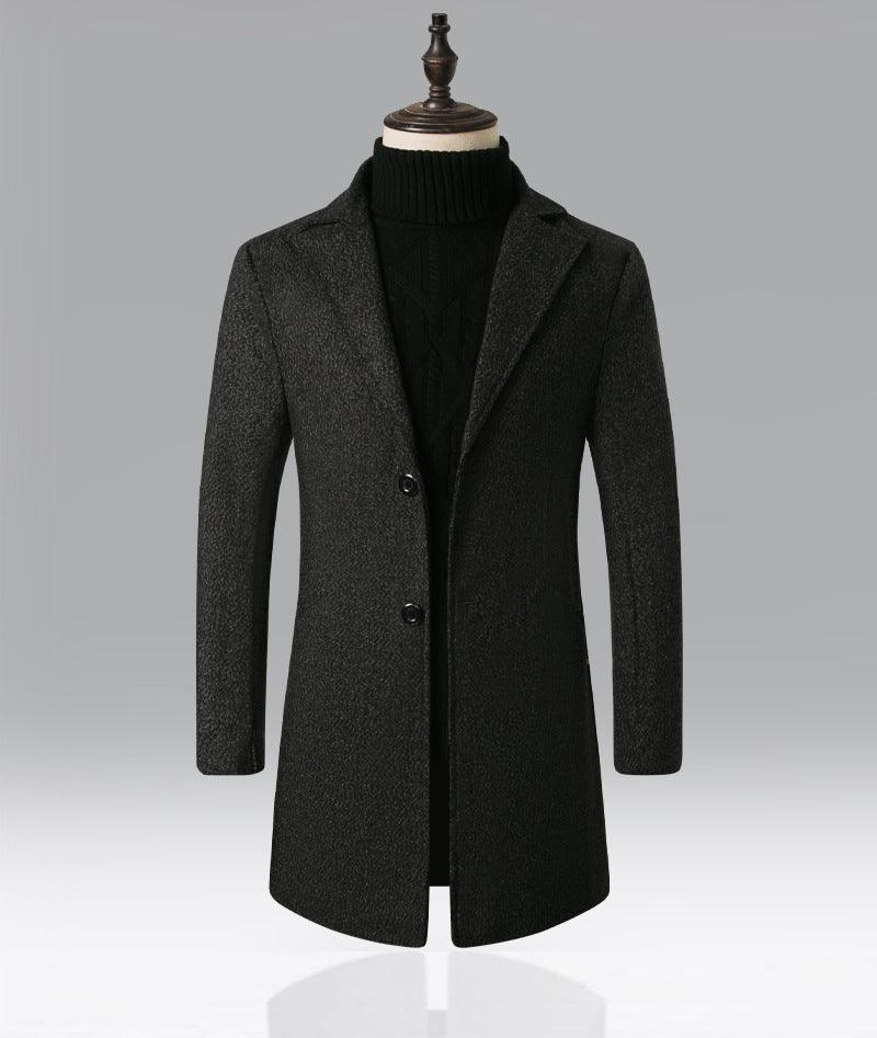 Men's snowflake trench coat, black textured wool with notched lapels and button front